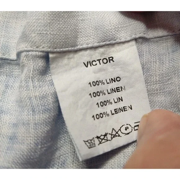 VICTOR Men Size 2XL Blue Dye 100% LINEN Long Sleeve Button Shirt Made In Spain - Picture 6 of 14